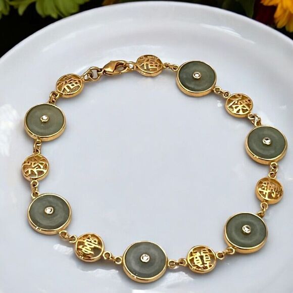 New Boutique Good Fortune Bracelet Jade Gold Tone Crystals 7U - Picture 1 of 9